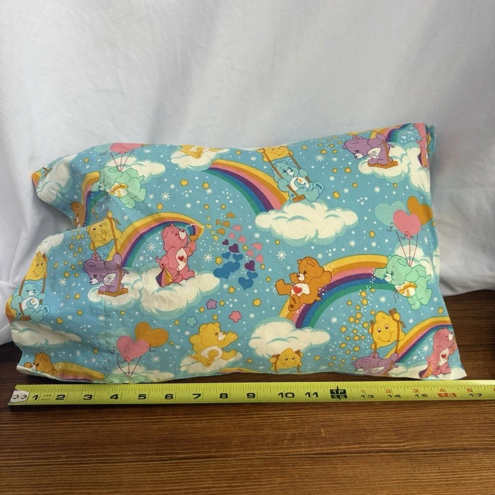 Handmade Care Bears Pillowcase Rainbow Clouds Hearts Blue 17x11 Kids Bedding
